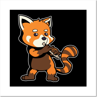 Cartoon red panda playing flute Posters and Art